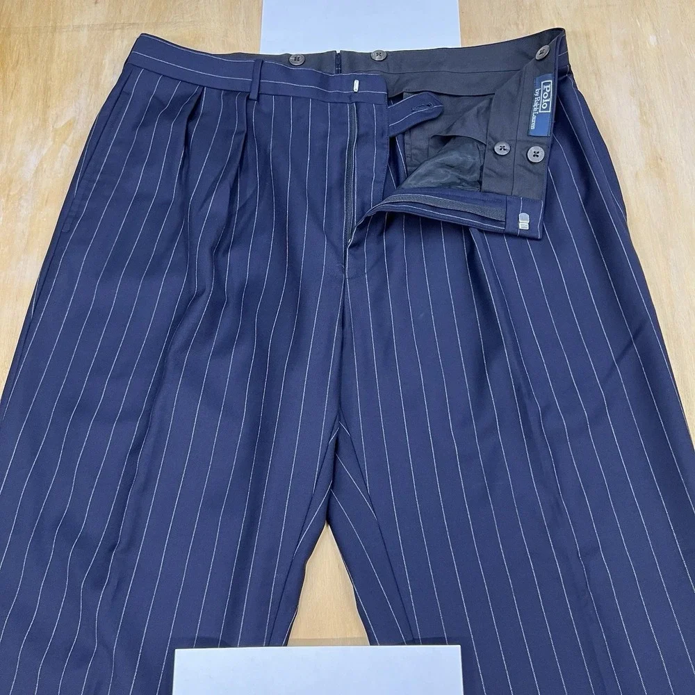 Vintage Polo Ralph Lauren Suit Men 42L Slim Fit Cuffed Pleated 35x30.5 Dark Navy